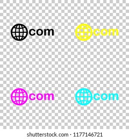 one of main domains, globe and com. Colored set of cmyk icons on transparent background