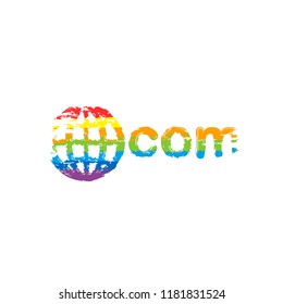 one of main domains, globe and com. Drawing sign with LGBT style, seven colors of rainbow (red, orange, yellow, green, blue, indigo, violet