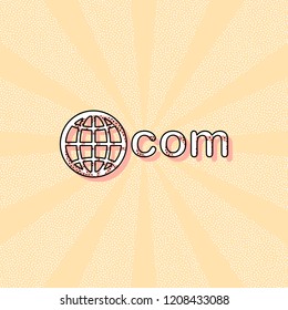 one of main domains, globe and com. Vintage retro typography with offset printing effect. Dots poster with comics pop art background