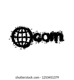 one of main domains, globe and com. Black ink with splashes on white background