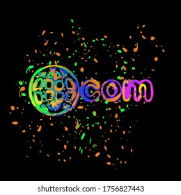 one of main domains, globe and com. Colored ink with splashes on black background