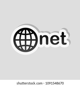 one of main domains, globe and net. Sticker style with white border and simple shadow on gray background