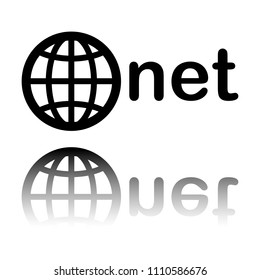one of main domains, globe and net. Black icon with mirror reflection on white background