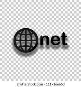 one of main domains, globe and net. Black glass icon with soft shadow on transparent background