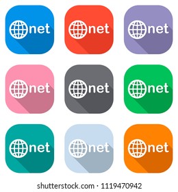 one of main domains, globe and net. Set of white icons on colored squares for applications. Seamless and pattern for poster