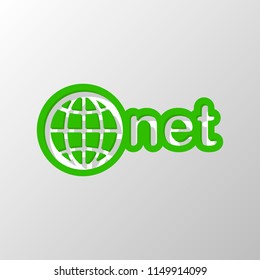 one of main domains, globe and net. Paper style. Cut symbol with green bold contour on shape and simple shadow