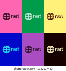 one of main domains, globe and net. Pop art style. Scratched icons on 6 colour backgrounds. 