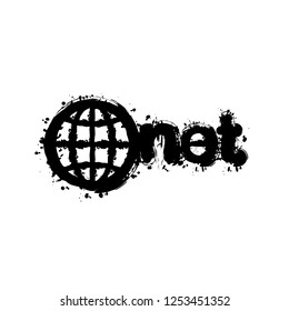 one of main domains, globe and net. Black ink with splashes on white background