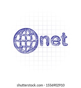 one of main domains, globe and net. Hand drawn sketched picture with scribble fill. Blue ink. Doodle on white background