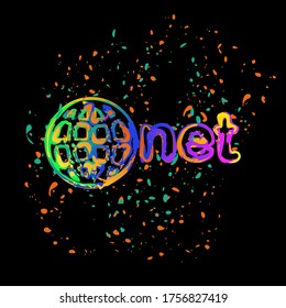 one of main domains, globe and net. Colored ink with splashes on black background