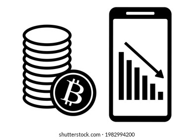 One of the major virtual currencies. Bitcoin price drop. Vector illustration.