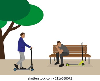 One male character with a scooter sits on a bench while another male character rides a scooter outdoors in summer