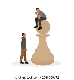 One male character is sitting on a huge chess pawn and another male character is standing and looking at him on a white background
