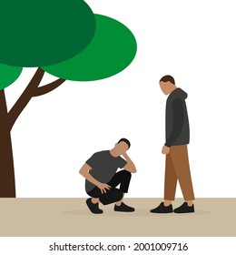 One male character is standing and another male character is squatting outdoors