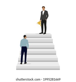 One male character is standing on the bottom rung of the ladder, and a second male character is standing on the top rung with a gold cup in hand