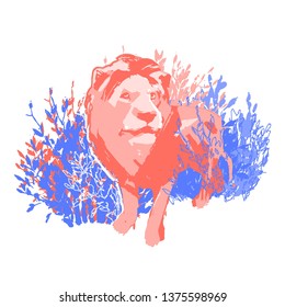 One male lion standing among the bushes. Abstract graphic illustration drawn in the technique of rough brush