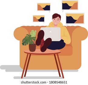 one male young adult work from home in sofa leisurely