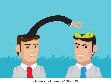 One man with arm from his head trying to take the money in another man's head. Concept for stealing profitable ideas.