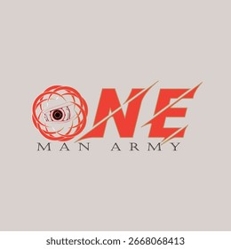 One Man Army logo in bold red typography, lens-style O and lightning accents on a neutral background—modern, minimal emblem ideal for gaming, esports, tech, apparel, or personal branding.