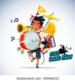 one man band character design. instrument concept - vector illustration