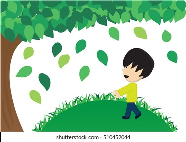 One man boy is walking under the tree with falling leaves. Cute cartoon vector illustration. Love natural concept.