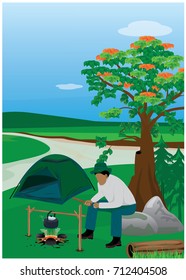 one man with camp cartoon vector design