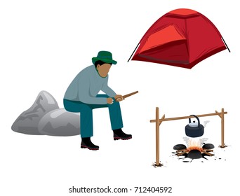 one man with camp cartoon vector design
