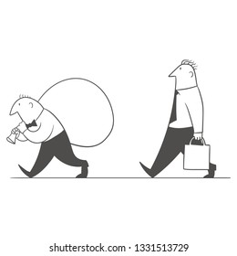One man comes with a heavy bag, the second man comes with a package.