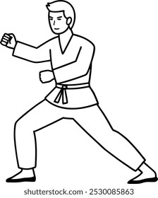 An one man continuous line drawing karateka fighter in kimono practicing karate kick combat. Karateka sport single line art illustration. Karate outline design.