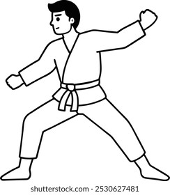 An one man continuous line drawing karateka fighter in kimono practicing karate kick combat. Karateka sport single line art illustration. Karate outline design.