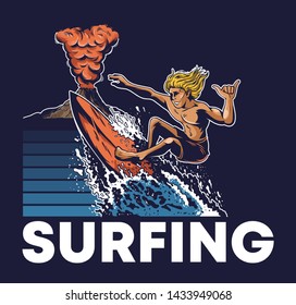 One man extreme surfer riding on big ocean wave big dangerous active volcano. Vintage fashion trendy summer print design for t-shirt poster sticker badge patch. Hawaii island surfing style illustration.