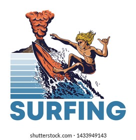 One man extreme surfer riding on big ocean wave big dangerous active volcano Vintage fashion trendy summer print design for t-shirt poster sticker badge patch Hawaii island surfing style illustration.