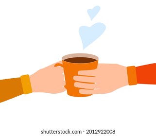 One man giving to another man hot cup of tea or coffee. Hand with tea mug, symbol of support, relationship and friendship. Flat vector illustration