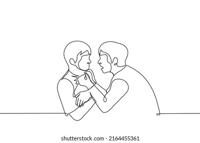 one man grabbed clothes and screams in the face of another - one line drawing vector. physical and psychological abuse concept