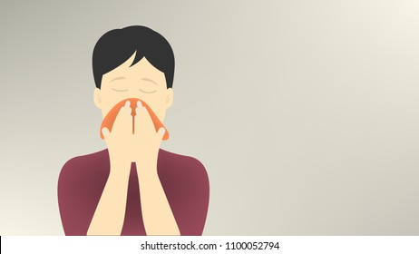 One man have a cold, high temperature and runny nose, hygiene problem.