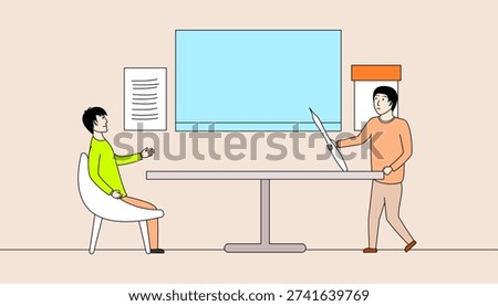 One man is holding a pen and the other is looking at the board. Scene is serious and focused
