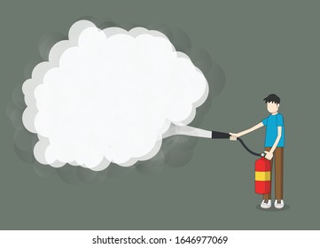 One man holding a red fire extinguisher with smog and flames isolated on green background and text.