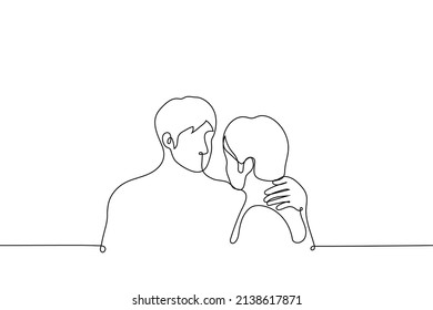 one man hugged another by the neck and looks into his face - one line drawing vector. concept of emotional support, skinship in relationships, male friendship 