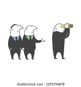 One man is looking through binoculars. Two men are standing nearby.
