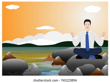 one man meditating on stone at the sea vector design