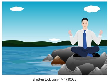one man meditation on stone at sea vector design