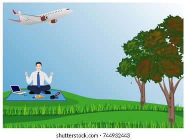 one man meditation at park before work vector design