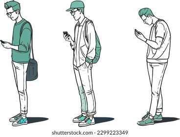 One man with a mobile phone and two men using laptops vector illustration art