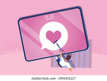 One man paints heart symbol on-screen tablet Valentine's day Concept, Website or Mobile phone Application, and Digital marketing. The message promotion smartphone, top view Vector flat Design 