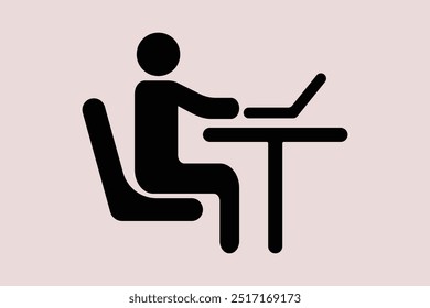 One man pictogram. Vector icon. Man sitting at a computer laptop. Computer user icon. Man working on computer line icon.