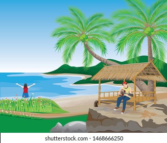 one man play guitar in straw hut and woman standing on the sea beach,coconut tree ,vector design