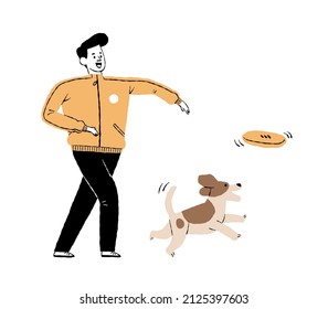 one man playing plastic plate with his dog