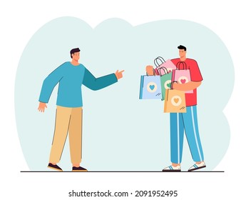 One man pointing finger at another one holding shopping bags with hearts on them. Friends envy and jealousy flat vector illustration. Relationship concept for banner, website design, landing web page