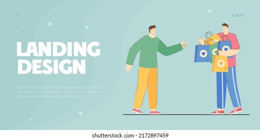 One man pointing finger at another one holding shopping bags with hearts on them. Friends envy and jealousy flat vector illustration. Relationship concept for banner, website design, landing web page