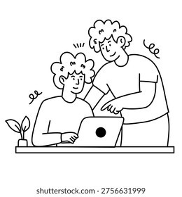 one man pointing at screen explaining content to his partner at home